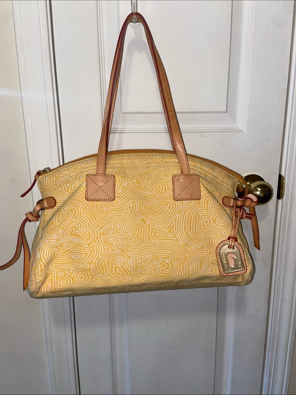 Dooney & Bourke Yellow Patterned Dome Satchel with Leather Trim